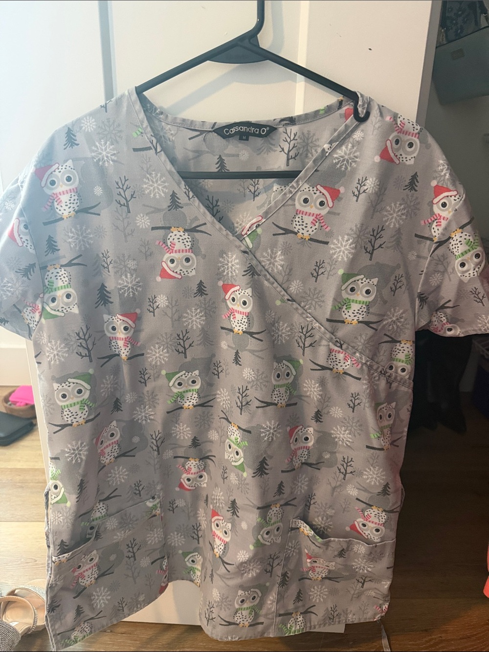Cassandra O Grey Owl Print Scrub Top